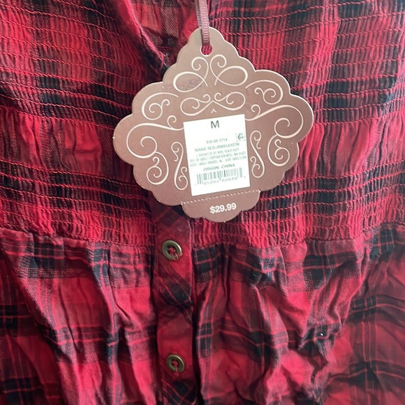 NWTS Knox Rose black and red Plaid Boho Peasant Smocked Button Fron - Picture 6 of 8